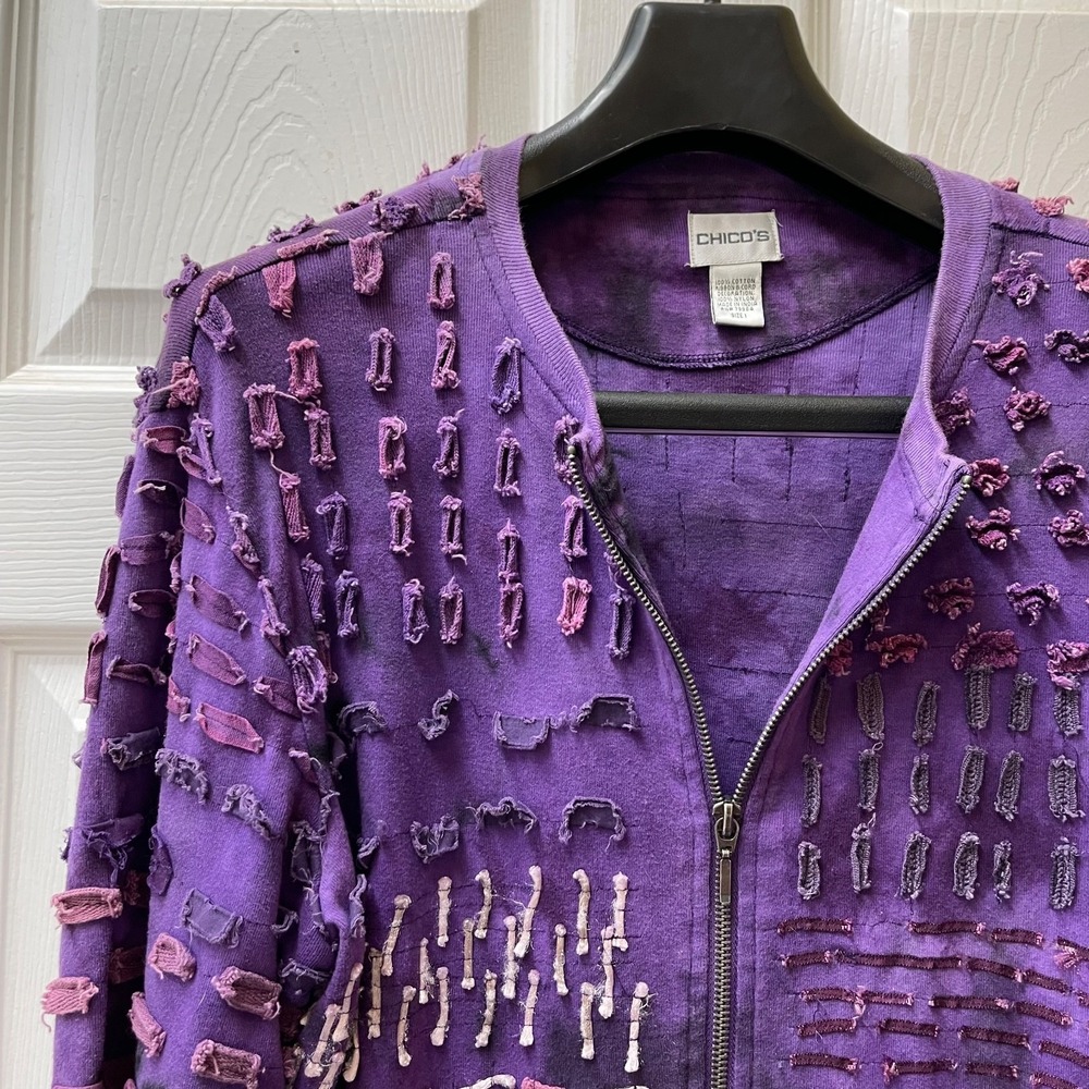 Chico's Women's Medium Purple Textured Ribbon-Loop Full Zip Jacket Boho Art